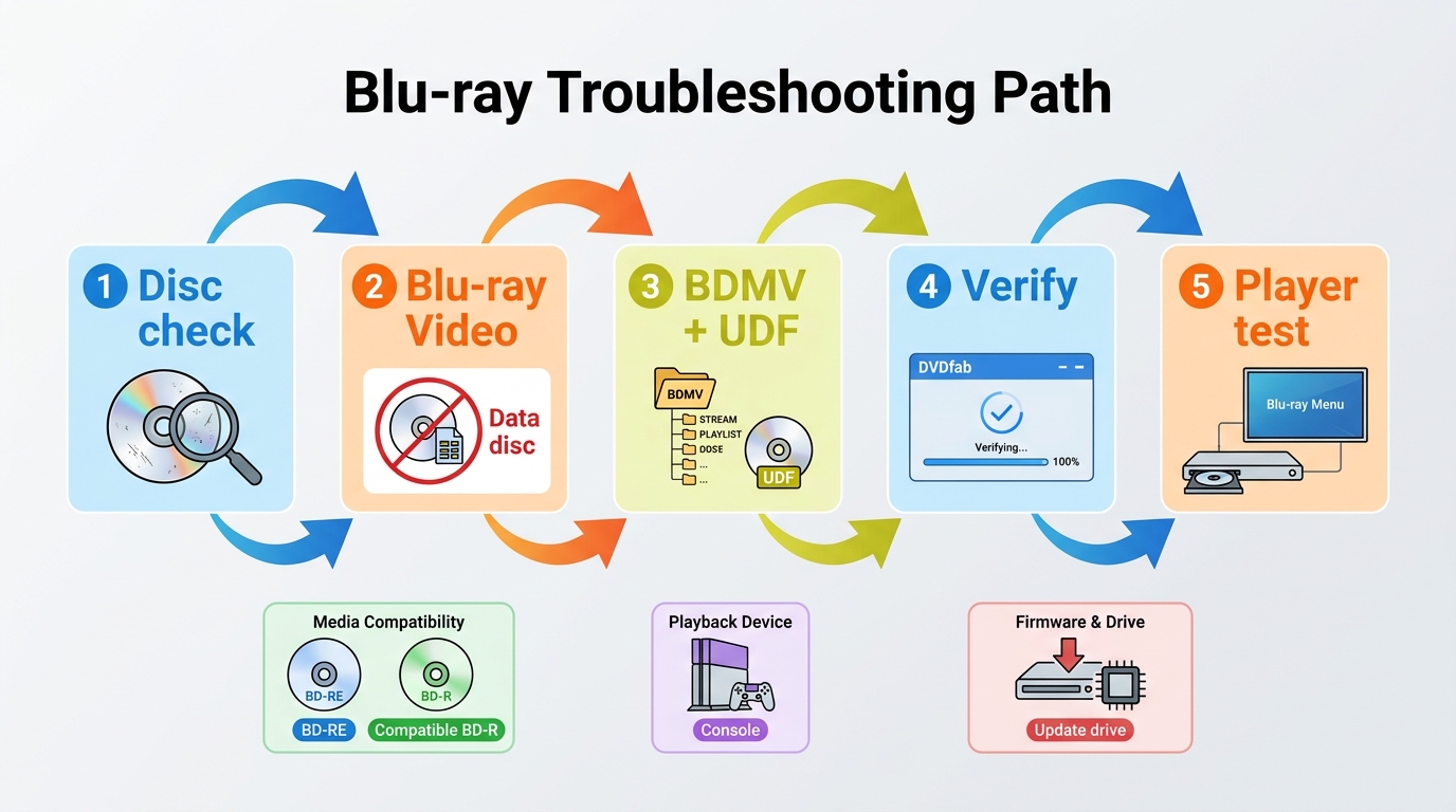 Troubleshooting order for a Blu-ray disc that fails verification or will not play.