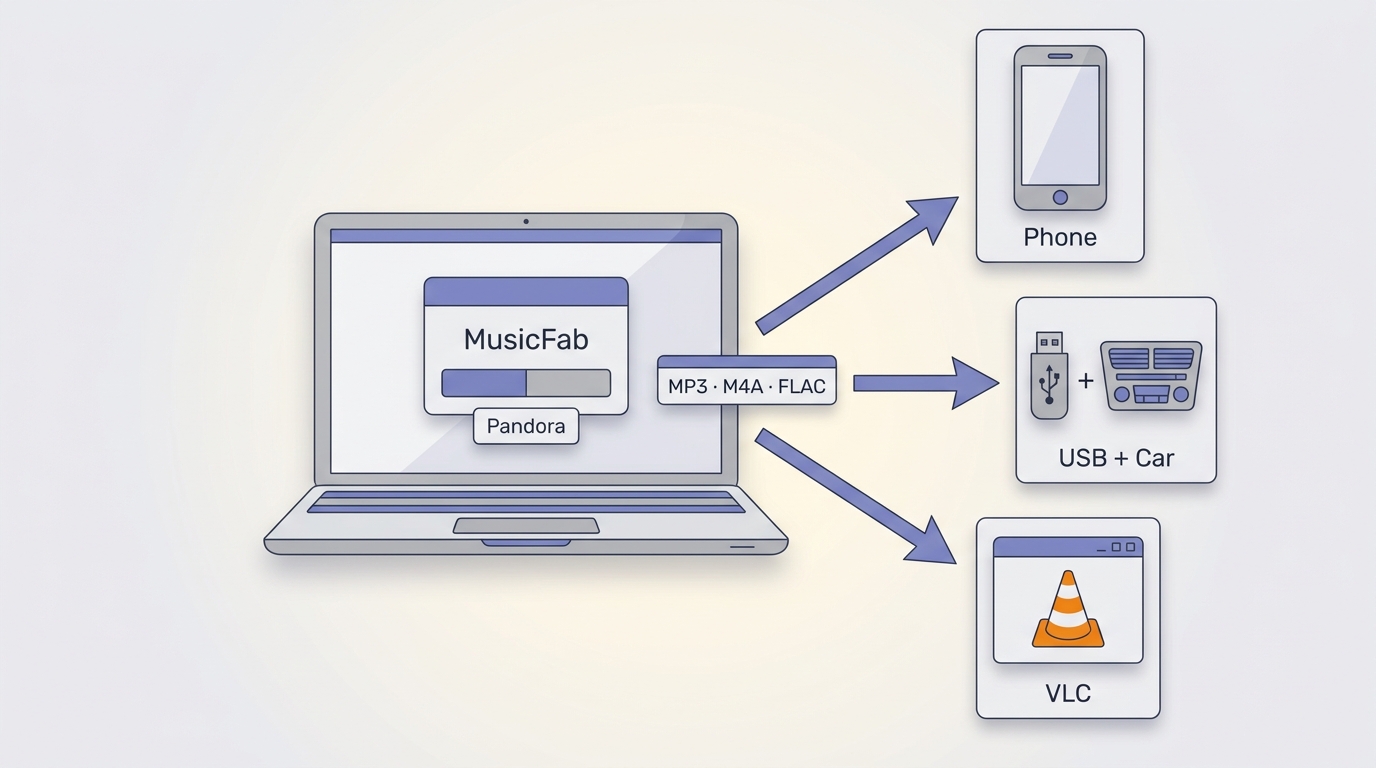 MusicFab Pandora files transferred to phones, USB drives, cars, and VLC playback.