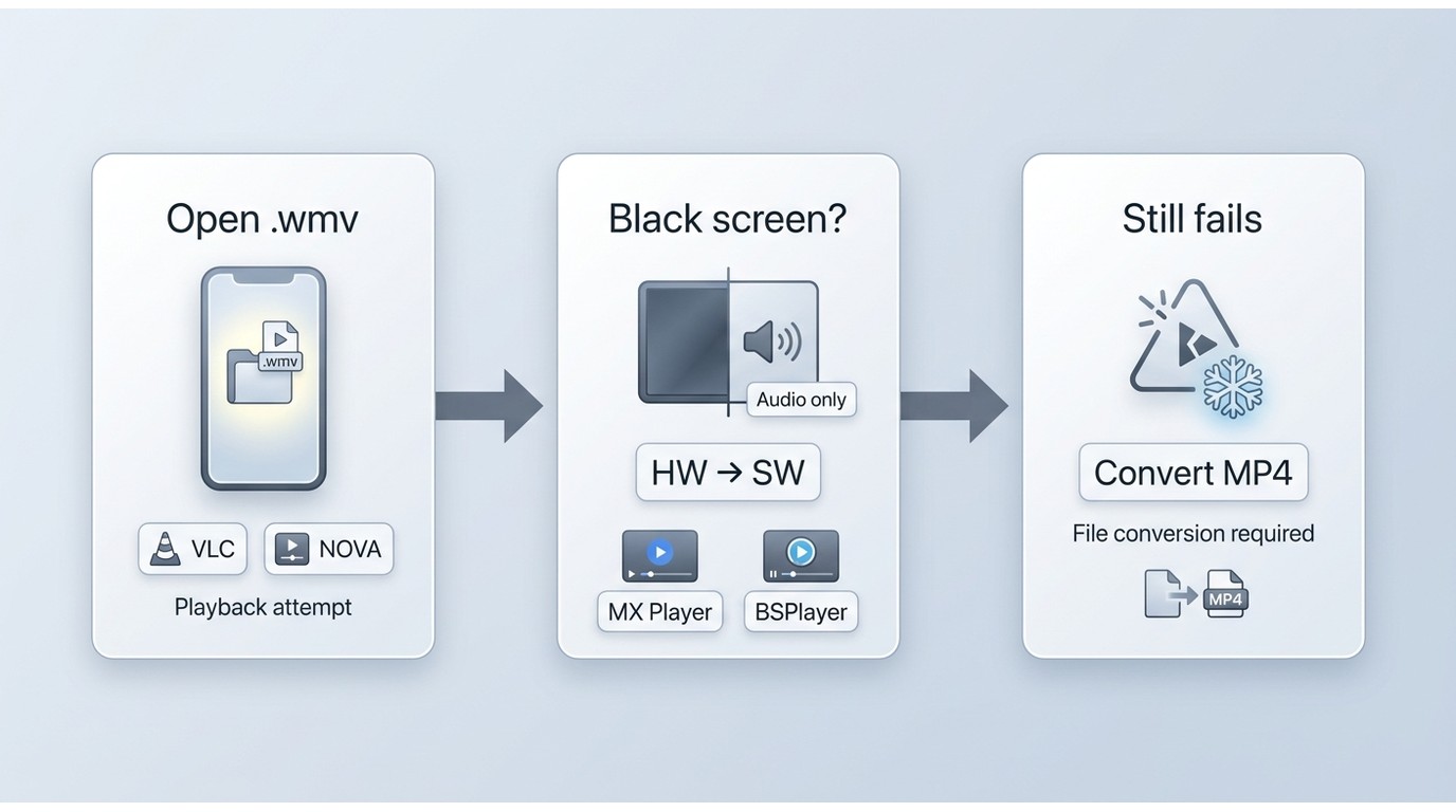 How Android users play WMV with VLC or NOVA, switch decoders, or convert to MP4.