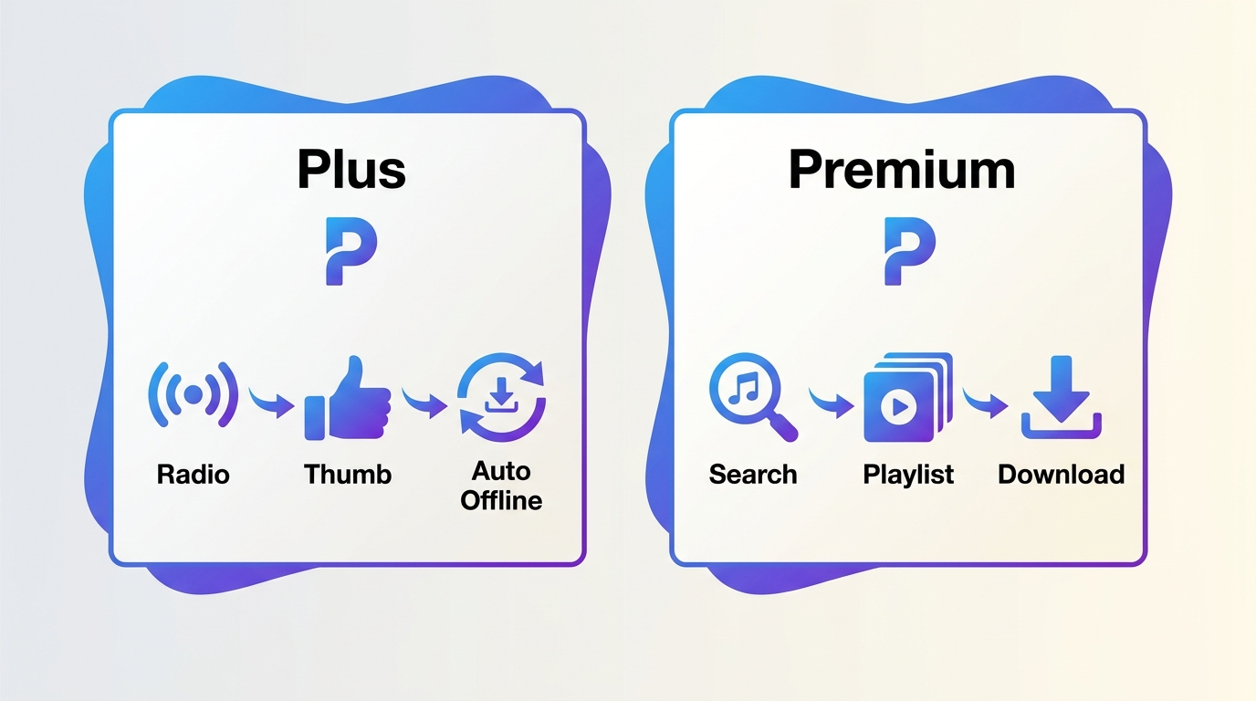 Pandora Plus radio listening compared with Pandora Premium search, playlists, and chosen downloads