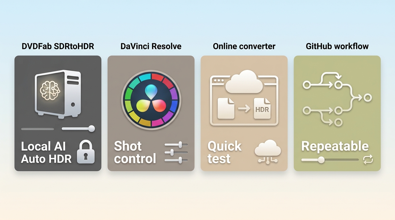 Comparison of desktop AI, DaVinci Resolve, online, and GitHub HDR workflows.