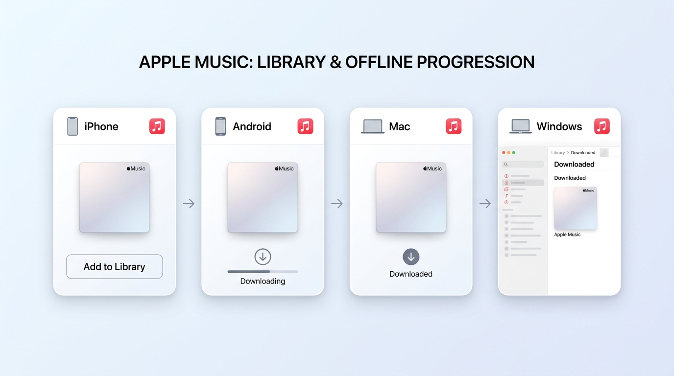 Apple Music download controls on iPhone, Android, Mac, and Windows, ending in the Downloaded library