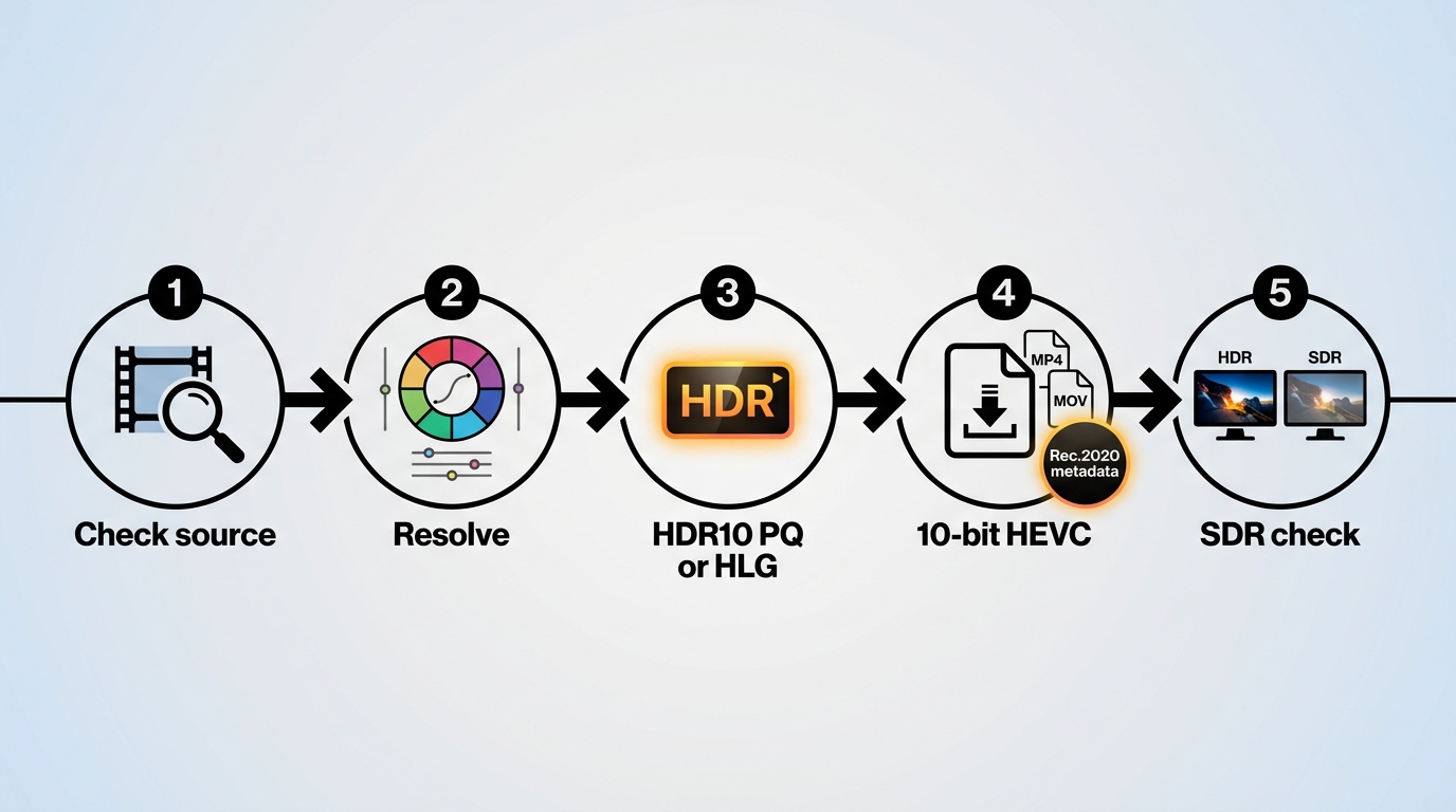Five steps from SDR source inspection to HDR10 or HLG export and SDR validation.