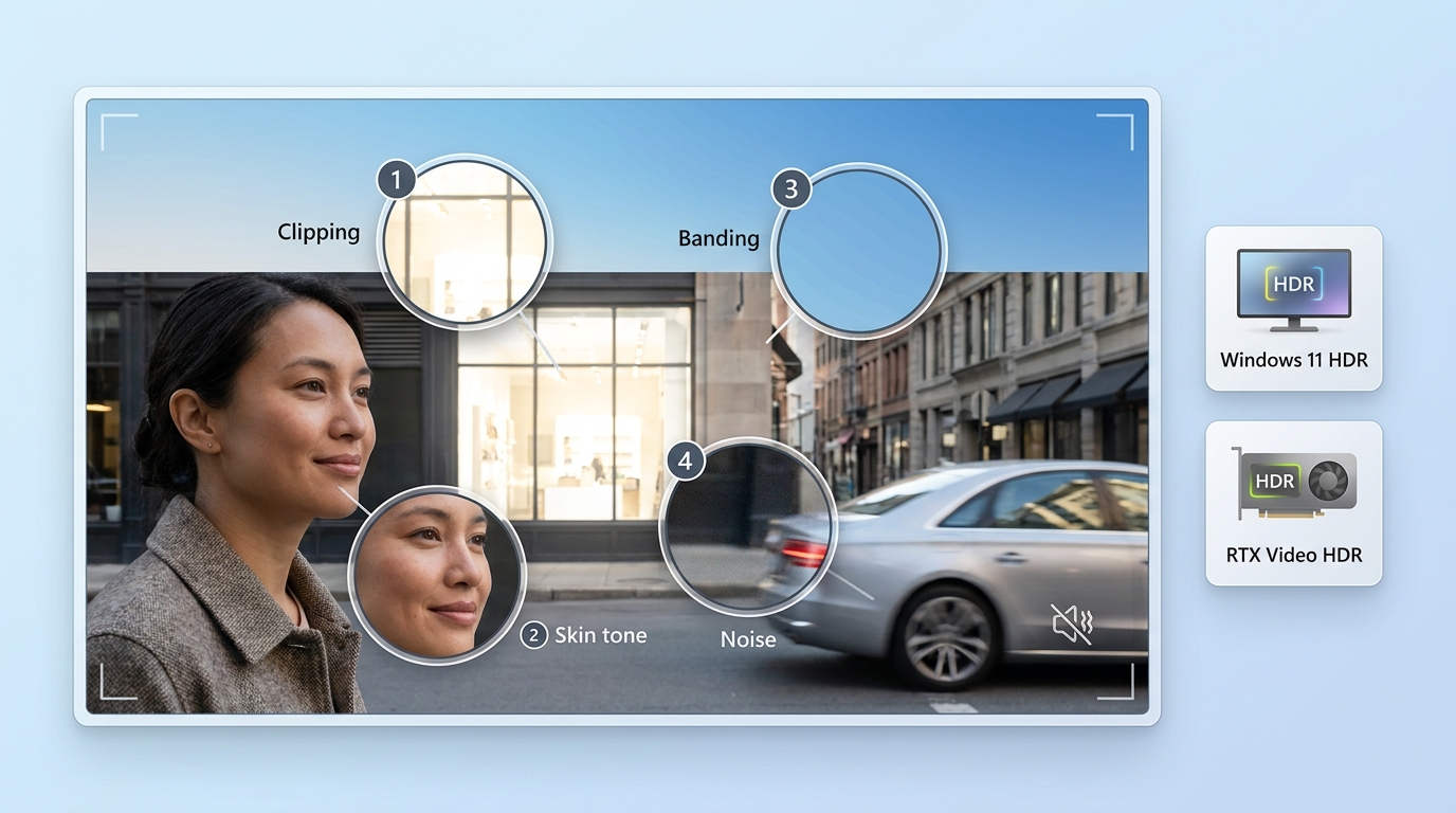 HDR quality checks for clipped highlights, skin tones, banding, noise, and Windows playback.