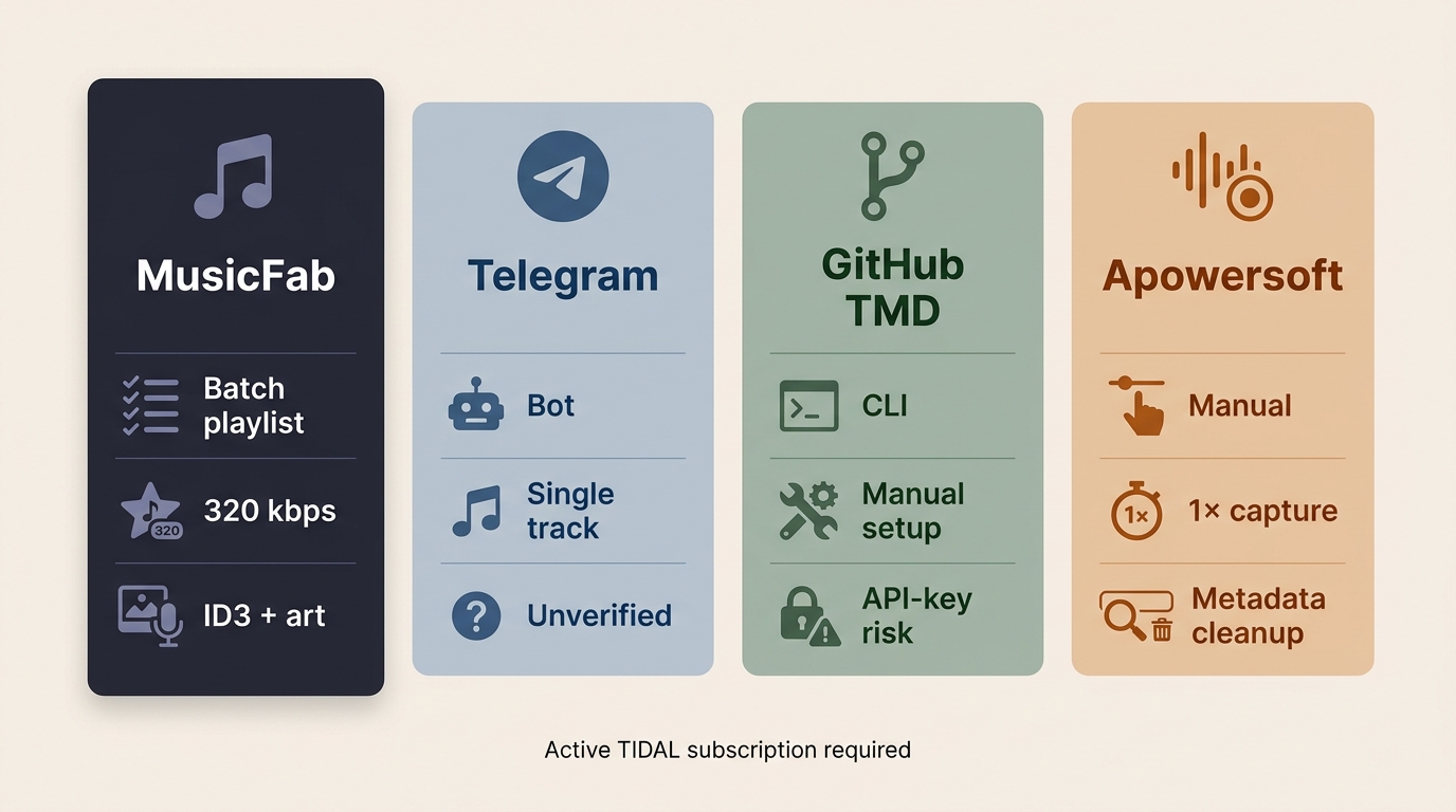 Comparison of MusicFab, Telegram bots, Tidal-Media-Downloader, and Apowersoft for TIDAL MP3 conversi