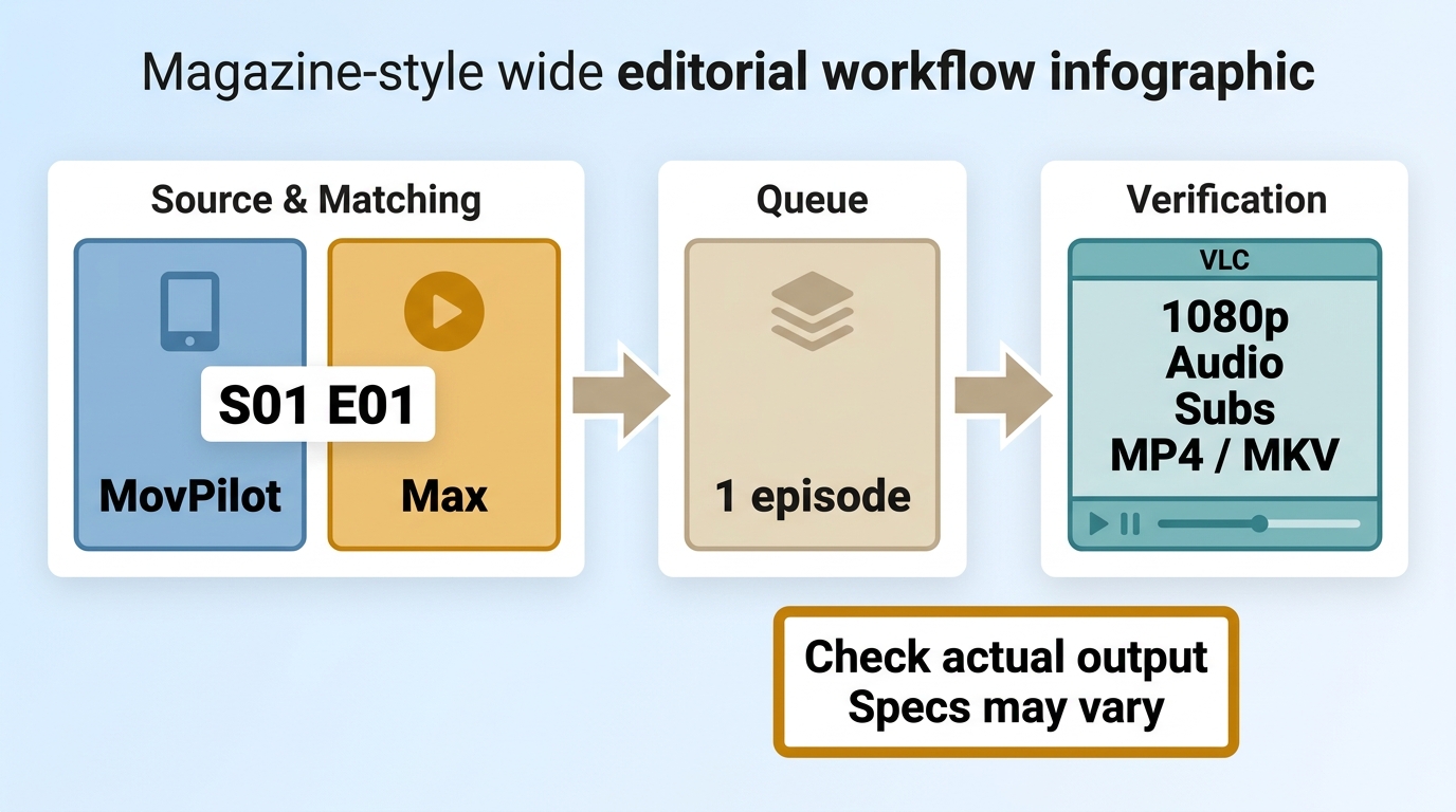 MovPilot checks for Max episode matching and final MP4 or MKV playback details