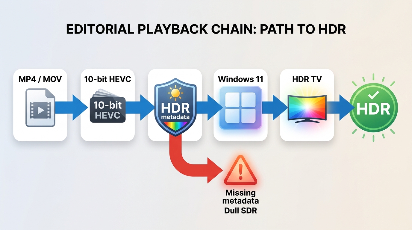 HDR playback chain from MP4 or MOV through HEVC metadata to an HDR display.