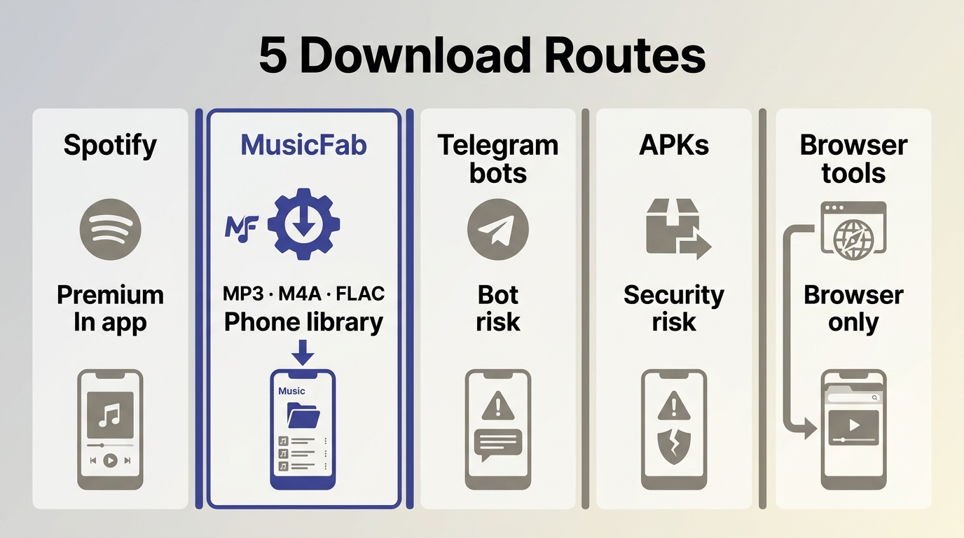 Comparison of Spotify, MusicFab, Telegram bots, APKs, and browser tools for phone playback.
