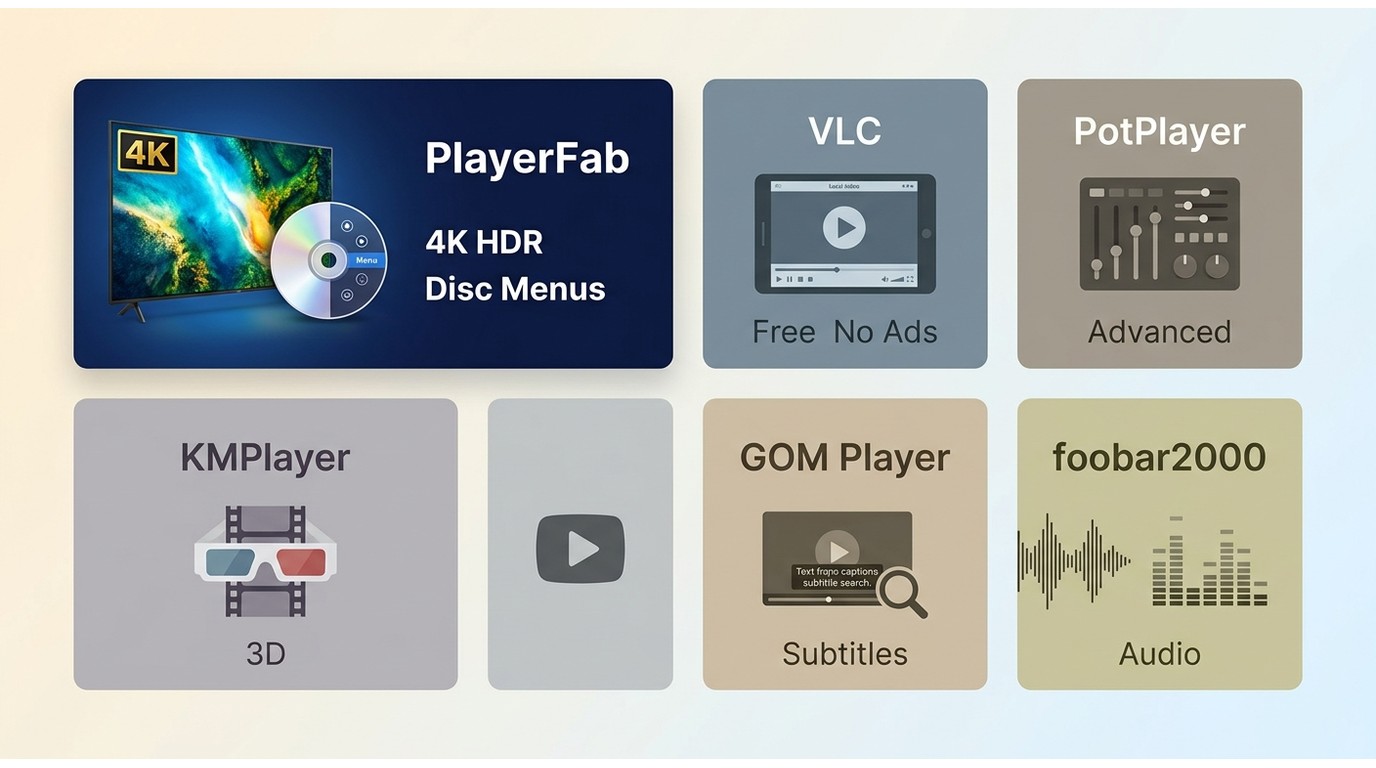 Comparison of PlayerFab, VLC, PotPlayer, KMPlayer, GOM Player, and foobar2000 use cases.