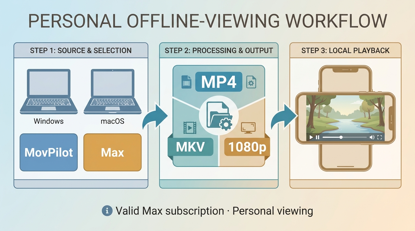 MovPilot workflow from Max title selection to MP4 or MKV playback on mobile devices