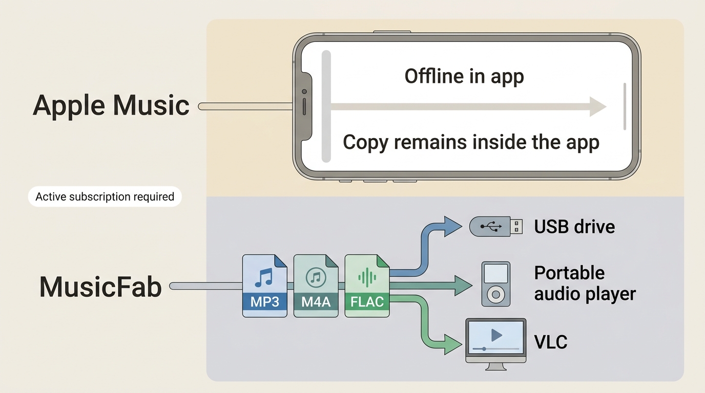 Apple Music offline copies stay in the app, while MP3 and FLAC files can move to USB drives and play