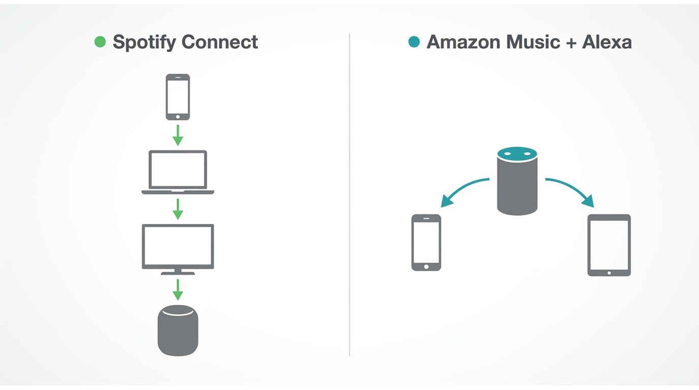 Spotify Connect multi-device handoff across phone, laptop, TV, and speaker vs Amazon Music Alexa-cen