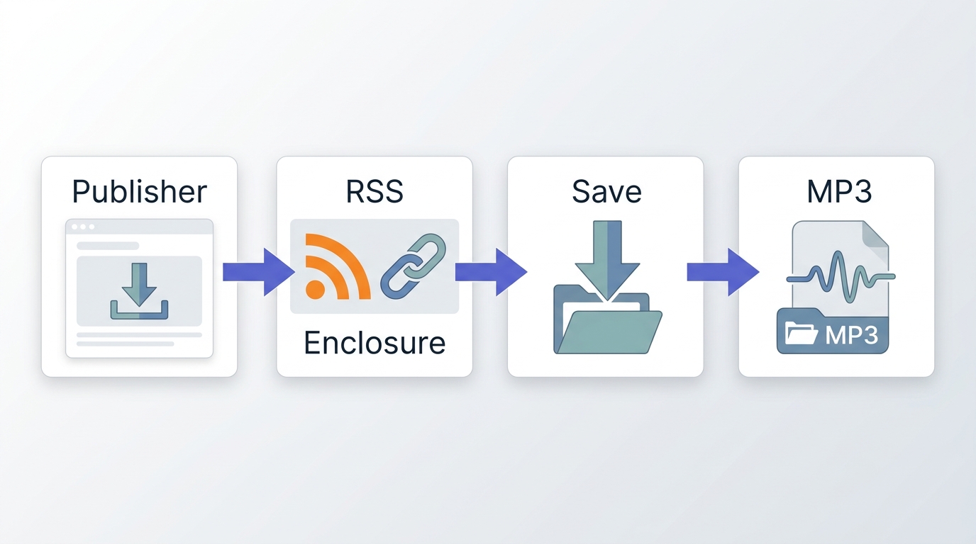 How publisher links and RSS enclosures save podcast episodes as MP3 files
