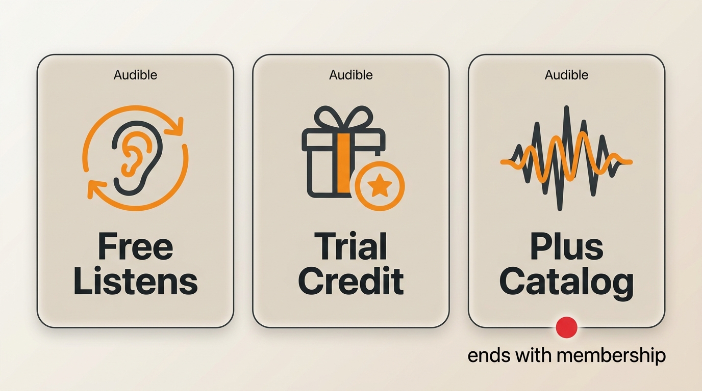 Audible Free Listens, trial credit, and Plus catalog access explained as three distinct tiers