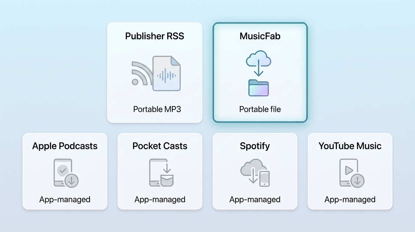 Comparison of portable podcast files and app-managed offline downloads
