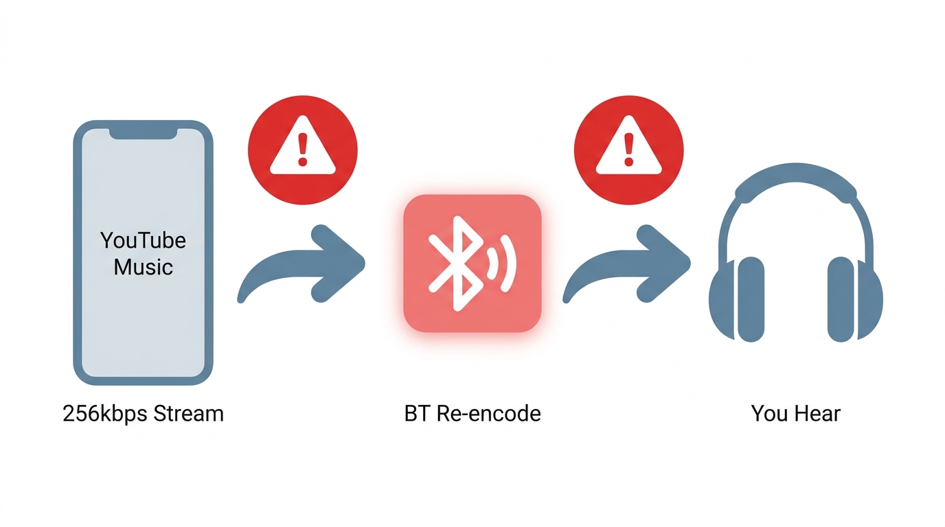 YouTube Music playback chain: server stream, phone decode, Bluetooth re-encode to earbuds, showing t