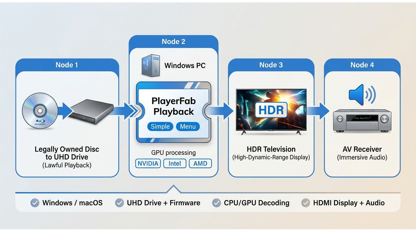 PlayerFab UHD playback chain covering drive, Windows PC, GPU, HDR display, and receiver.