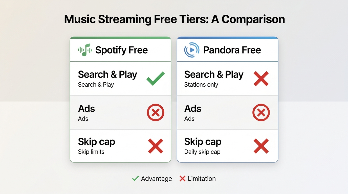 Spotify Free vs Pandora Free: search-and-play vs stations-only, ads on both, skip limits compared