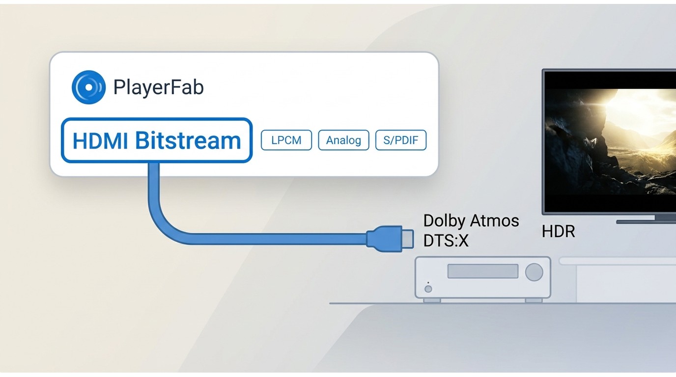 PlayerFab HDMI Bitstream settings sending Dolby Atmos and DTS:X to an AV receiver.