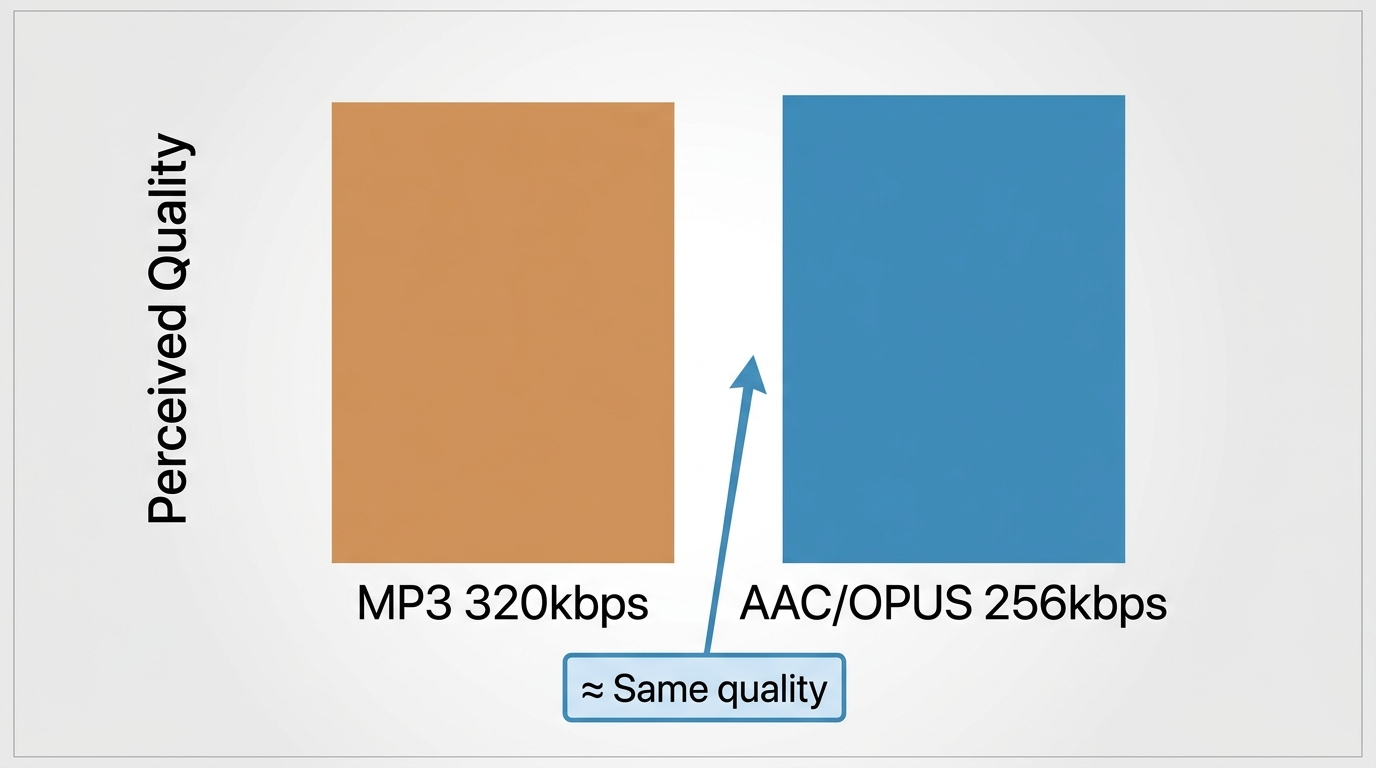 Bar chart showing AAC and OPUS at 256 kbps achieving similar perceived quality to MP3 at 320 kbps