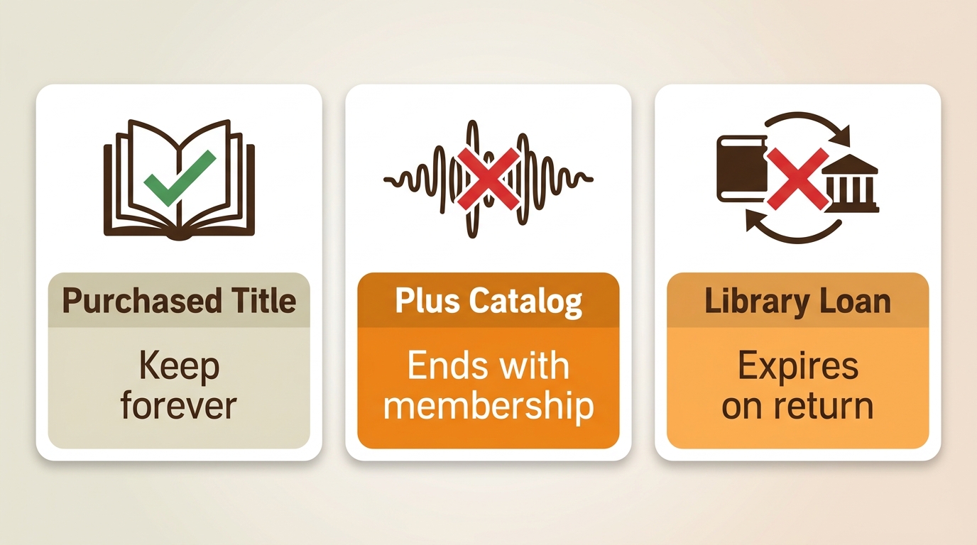 Audible content access after cancellation: purchased titles, Plus catalog, and library loans compare