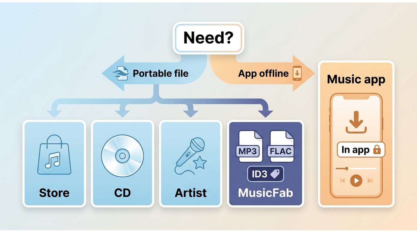 How licensed files, app offline downloads, MusicFab, and unverified archives differ