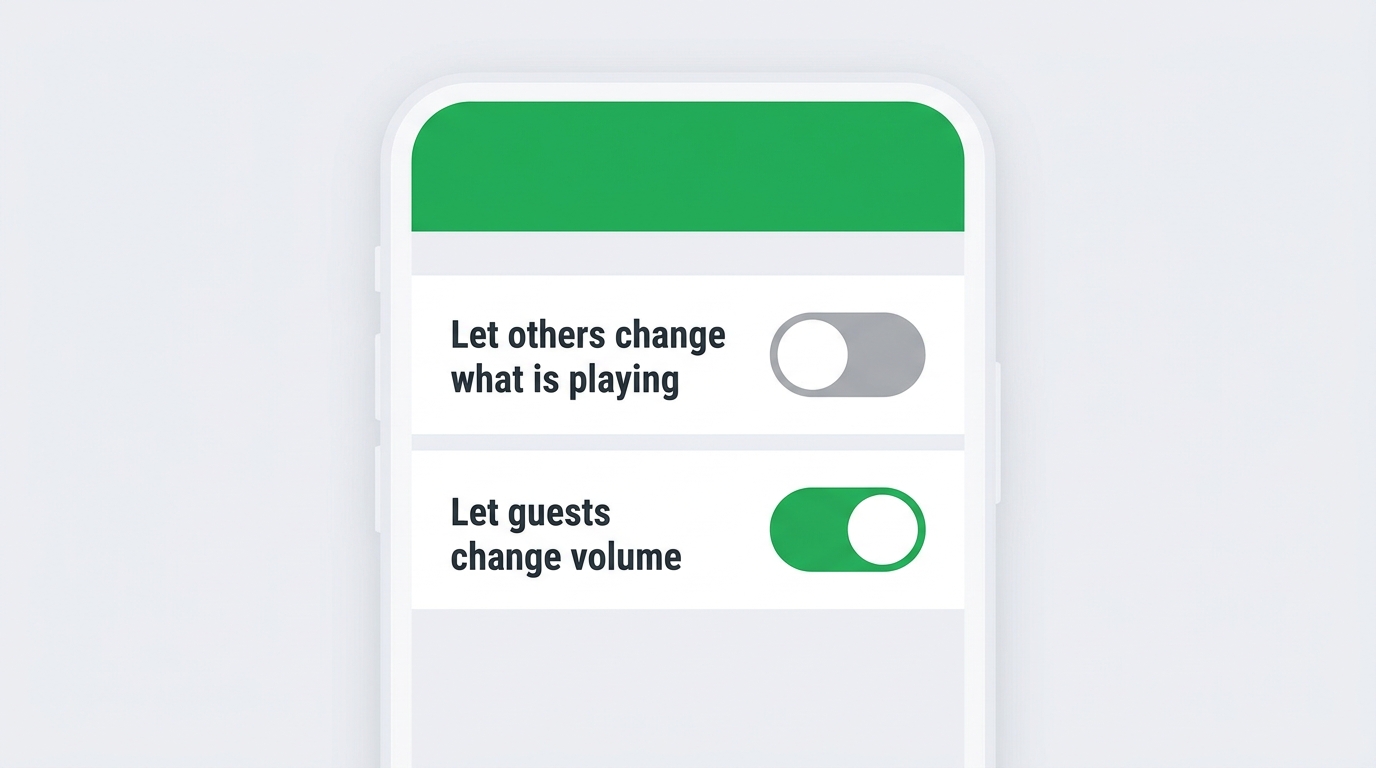 Spotify Jam host controls showing 'Let others change what's playing' toggled off and volume sharing 