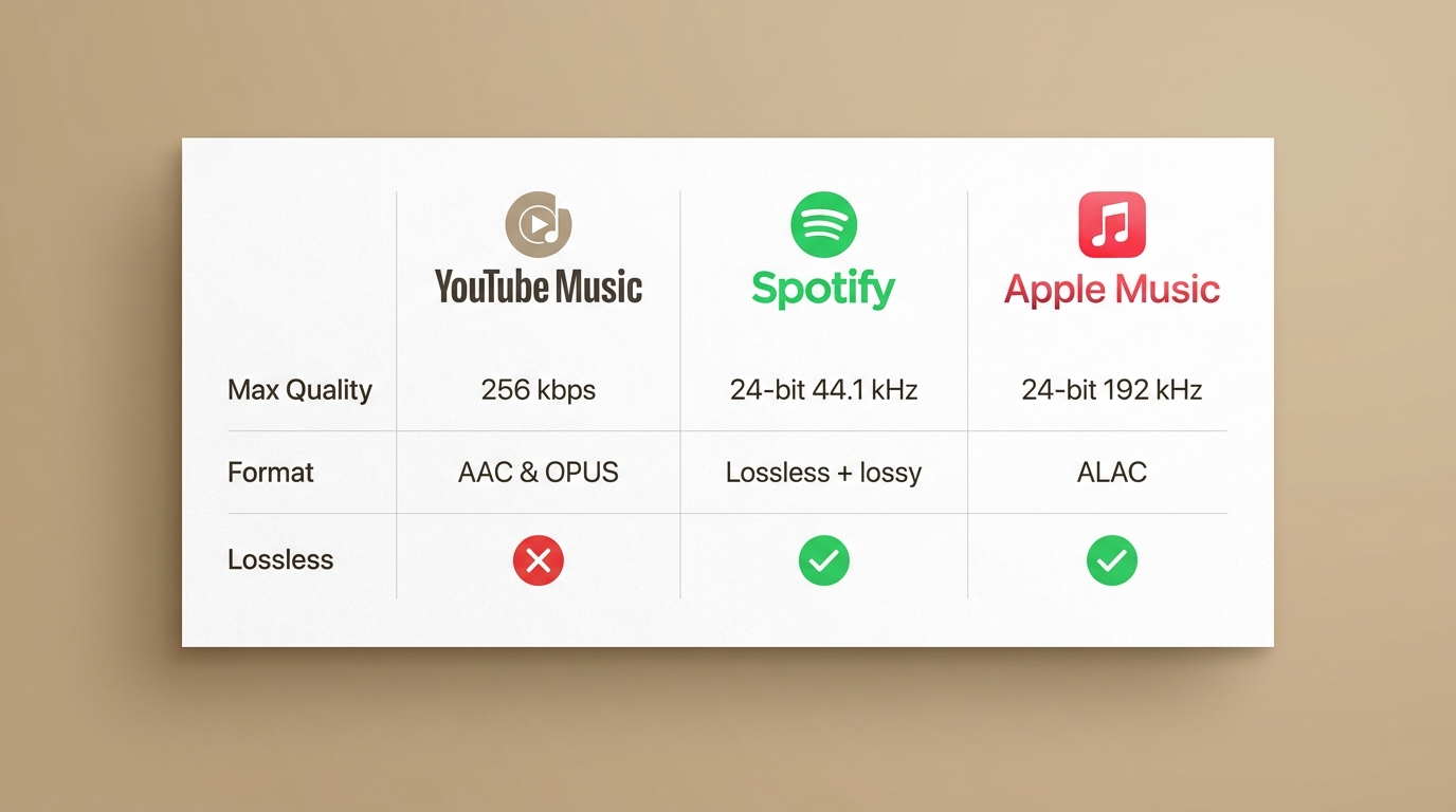 Comparison of YouTube Music, Spotify, and Apple Music: max bitrate, codec format, and lossless suppo