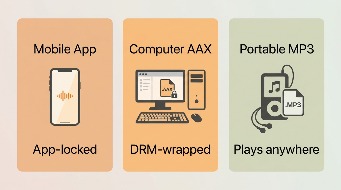 Comparison of three Audible download outcomes: mobile app copy, computer AAX file, and portable MP3/