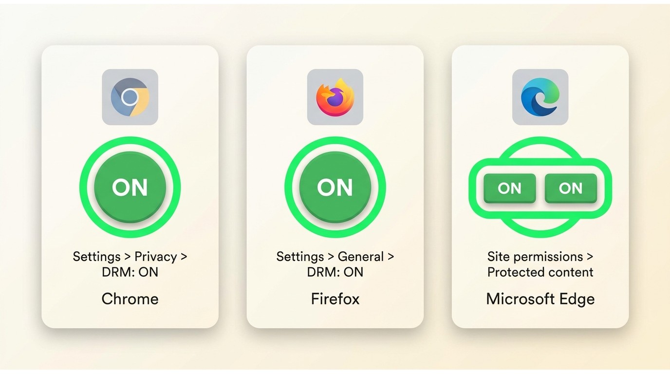 Chrome, Firefox, and Edge DRM/protected content toggle locations with each browser's setting highlig