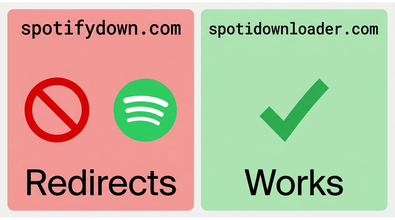 spotifydown.com redirects to Spotify's official player; spotidownloader.com is the active successor 
