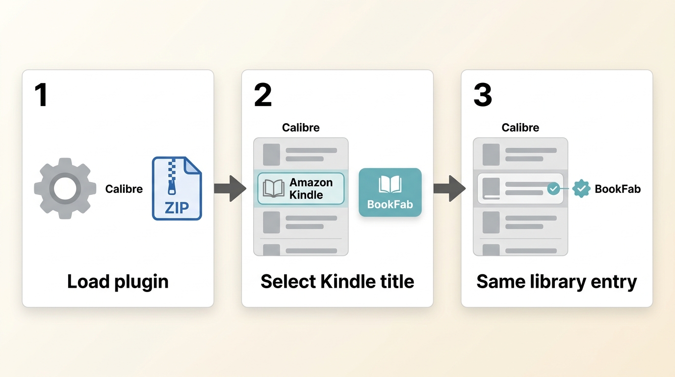 Three Calibre steps to install BookFab, process a Kindle title, and return it to the same library en