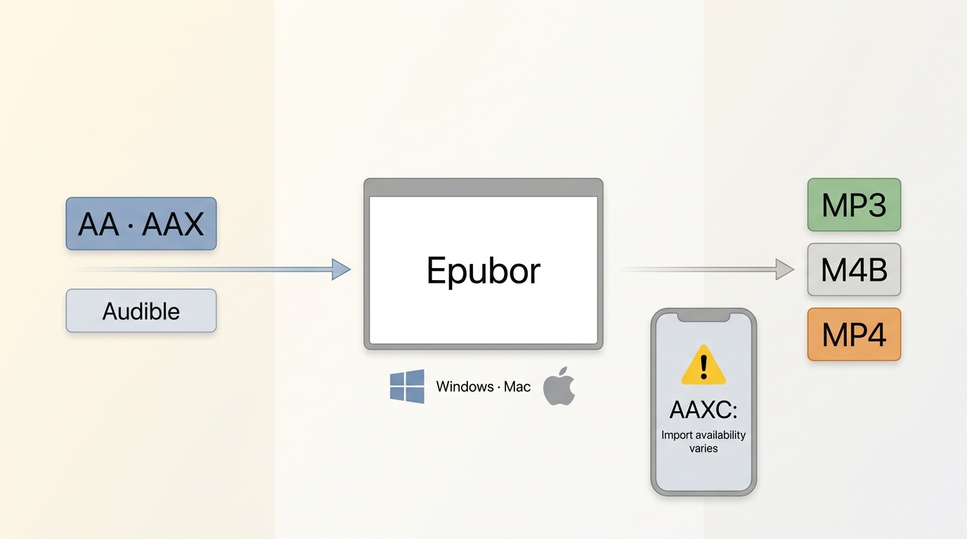 Epubor compatibility flow for Audible AA, AAX, and AAXC files before MP3 conversion.