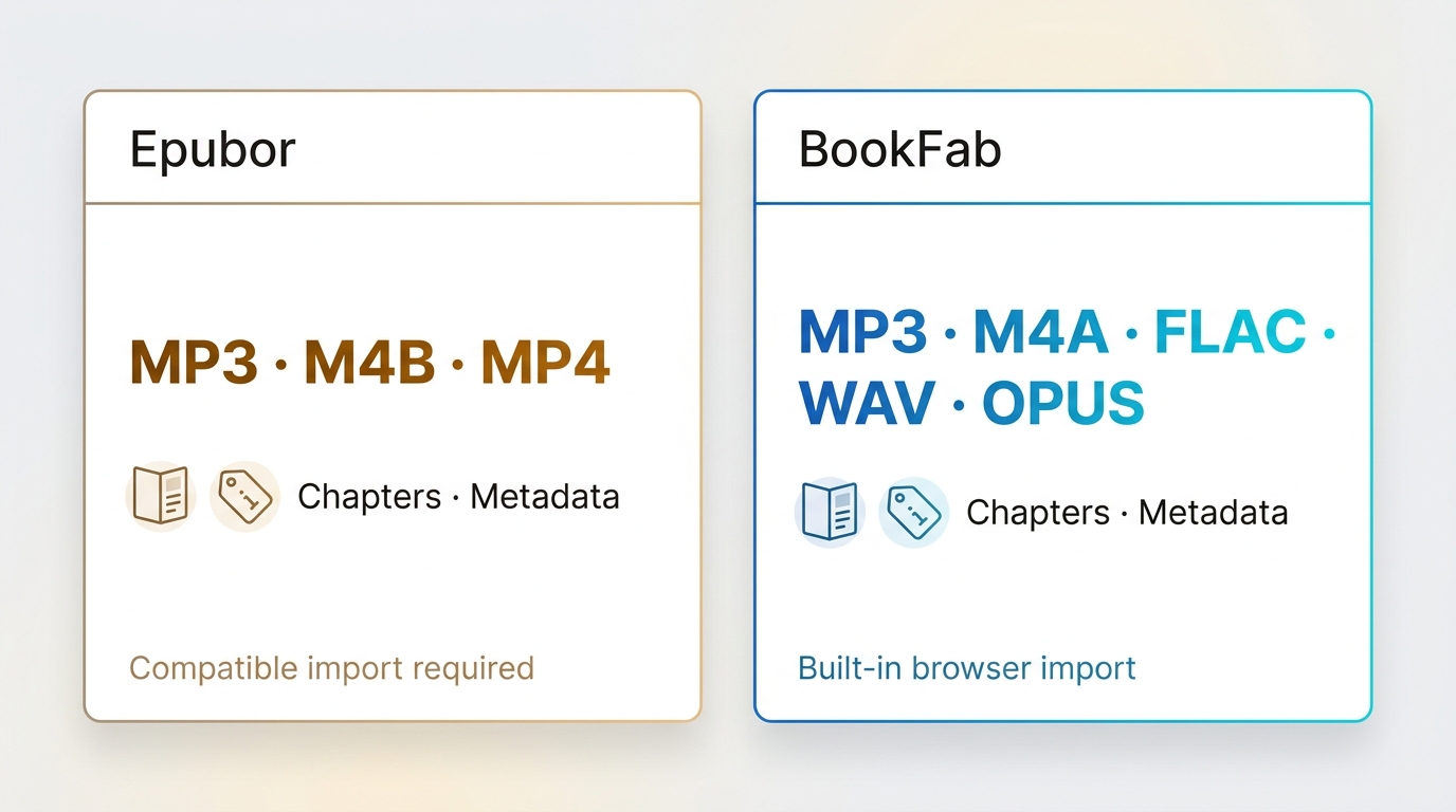 Epubor and BookFab comparison of formats, chapter splitting, metadata, and import requirements.