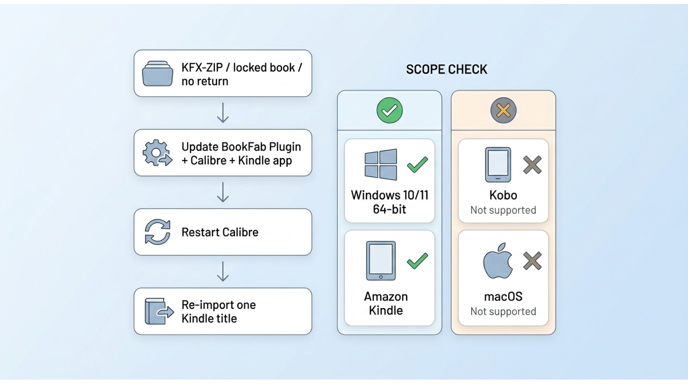 BookFab checks for Kindle import errors, including updates, re-importing one title, Windows support,