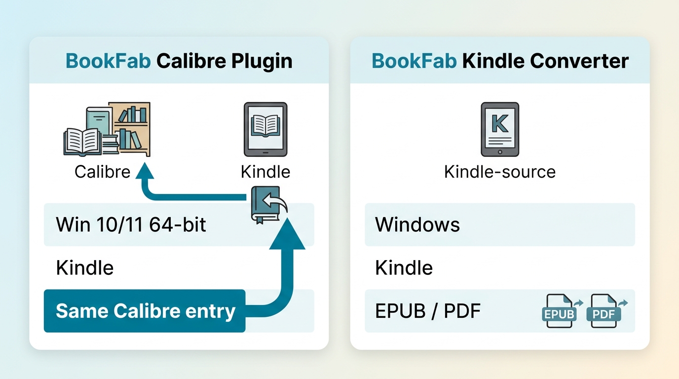 BookFab Calibre Plugin and Kindle Converter comparison for Windows, Kindle, Calibre return, EPUB, an