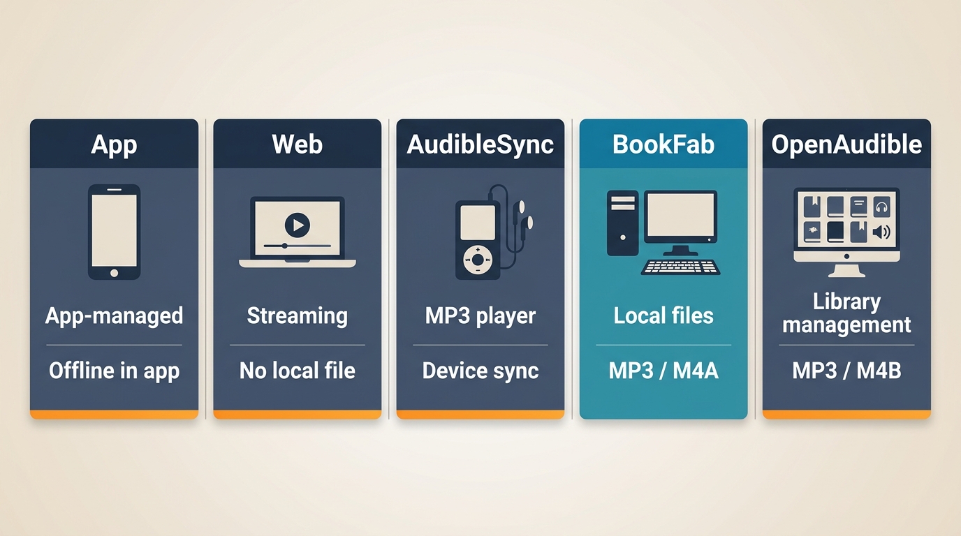 Comparison of Audible app, web player, AudibleSync, BookFab, and OpenAudible by device and format