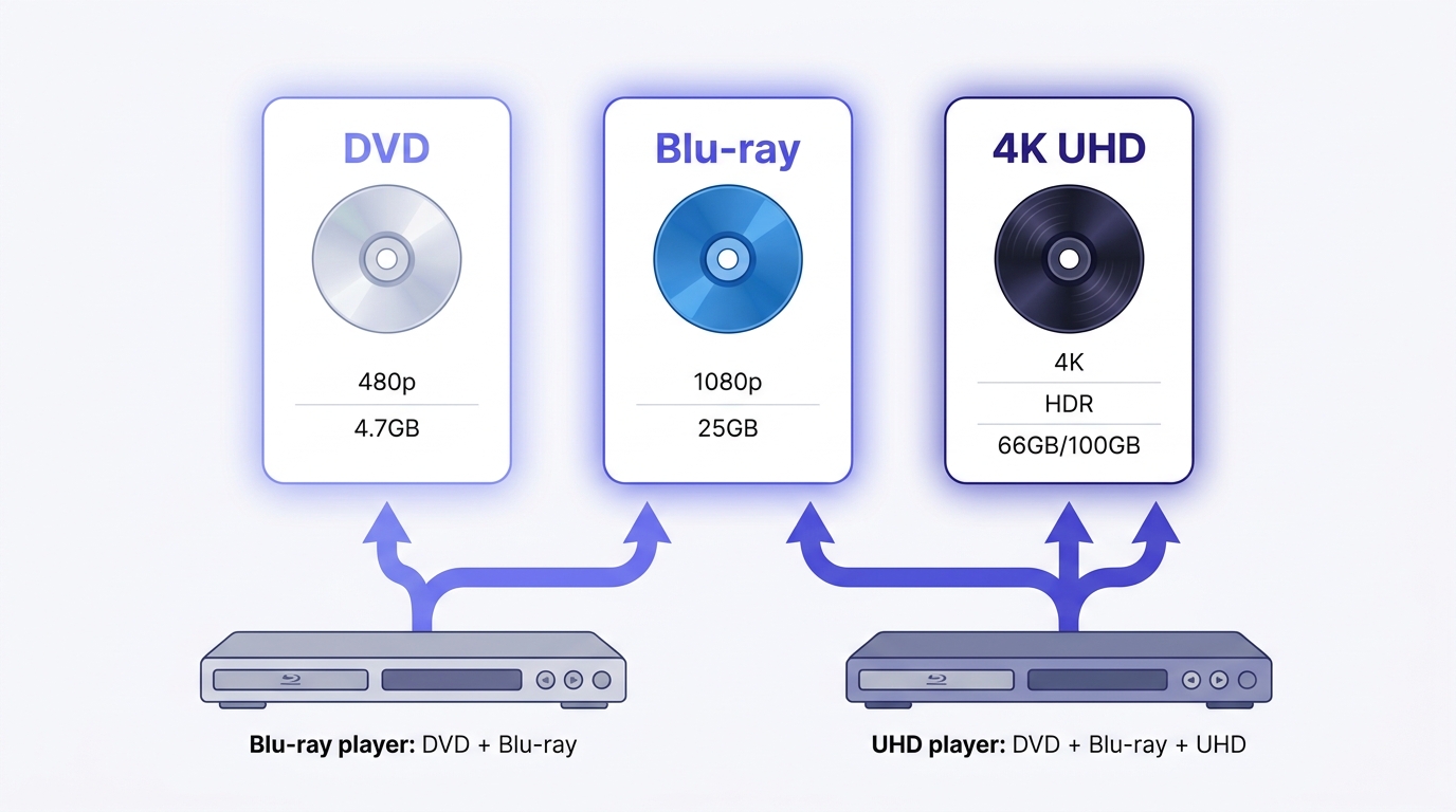 DVD, Blu-ray, and 4K Ultra HD comparison for resolution, capacity, and player support
