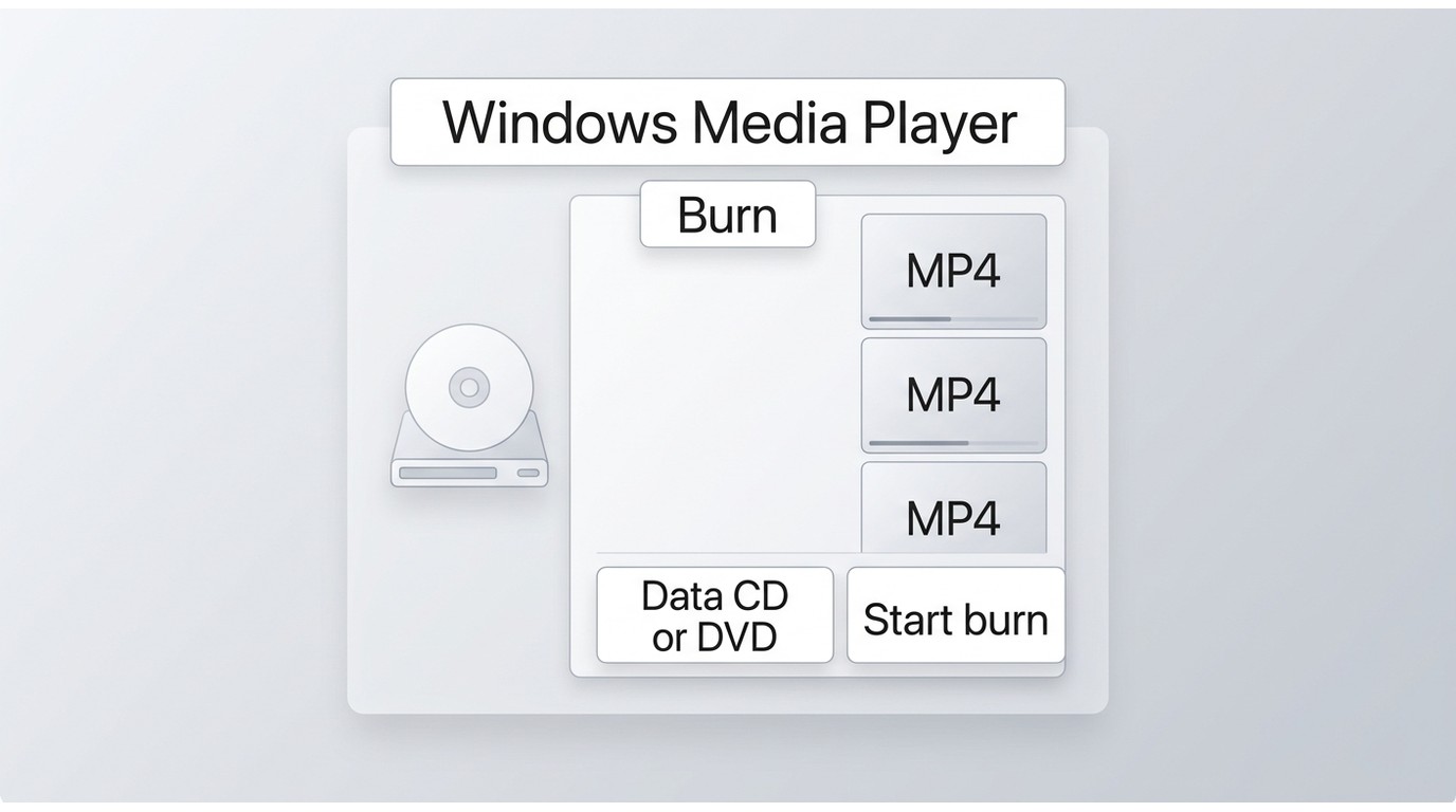 Windows Media Player Burn tab set to Data CD or DVD with MP4 files queued.