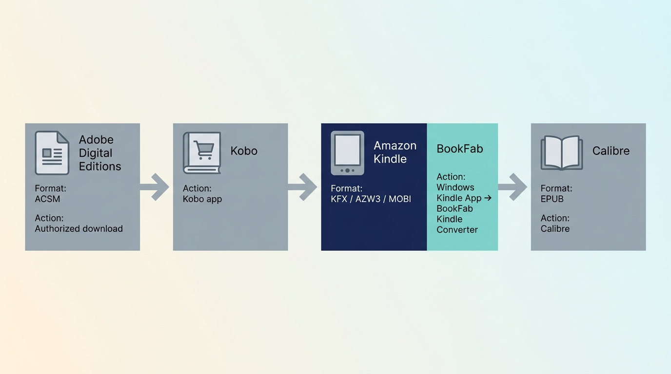 Workflow for choosing Adobe Digital Editions, Kobo, Kindle, BookFab, or Calibre by ebook source.