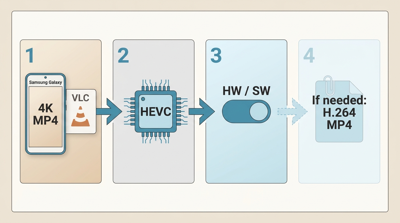 Samsung Galaxy 4K troubleshooting from codec and decoder checks to H.264 MP4 conversion.
