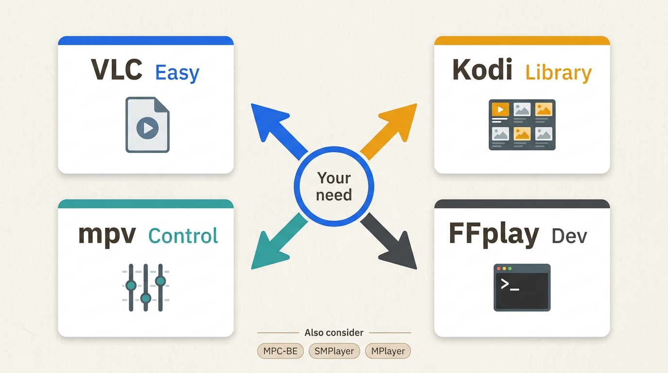 Decision map matching VLC, Kodi, MPV, and FFplay to user needs