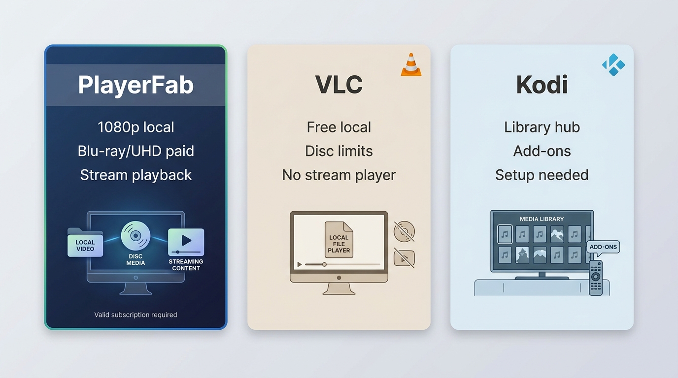 Comparison of PlayerFab, VLC, and Kodi for local files, discs, streaming, and library setup.