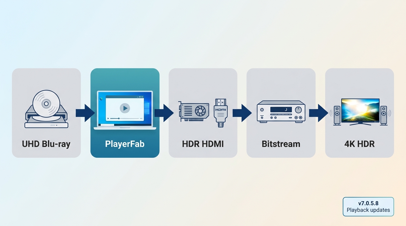 PlayerFab UHD playback chain from disc drive through GPU, HDR display, audio, and verification.