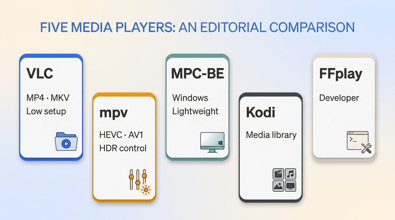 Comparison of VLC, mpv, MPC-BE, Kodi, and FFplay by platform and use