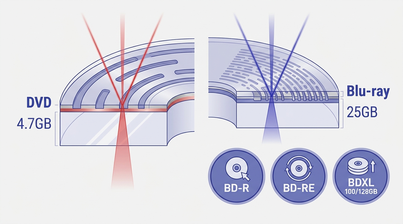 Blu-ray and DVD laser technology with capacities from 4.7GB to 128GB