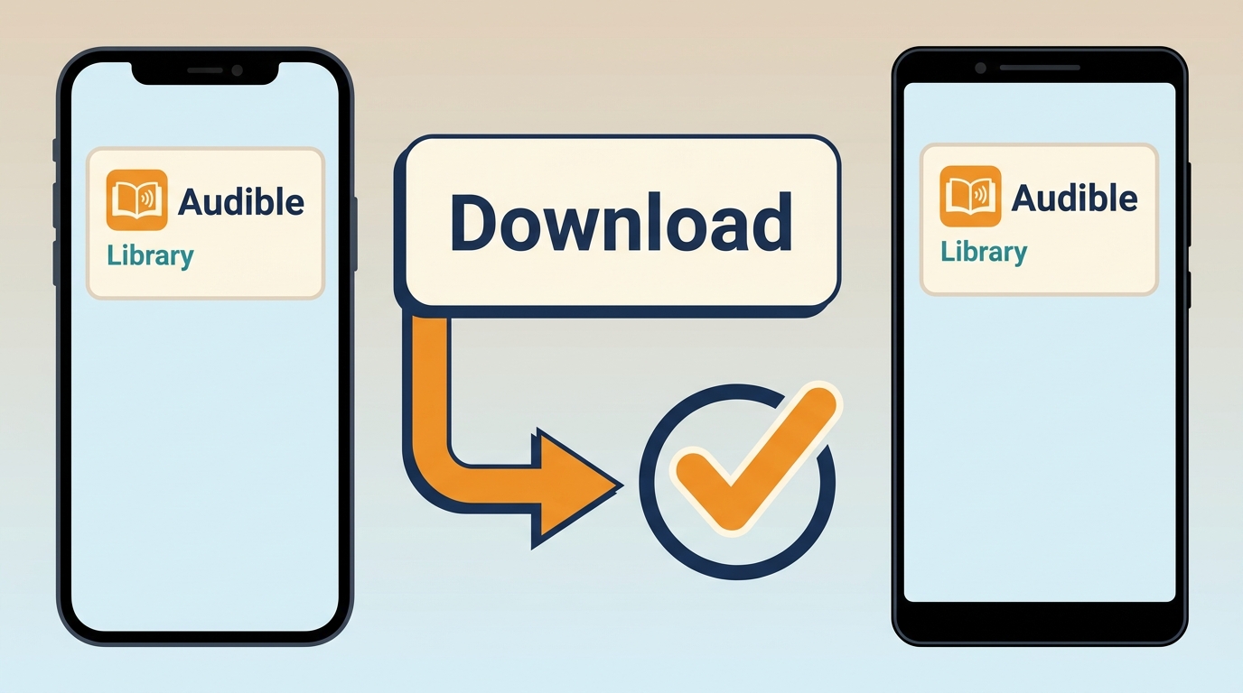 Audible on iPhone showing Library, title menu, and Download option for offline listening