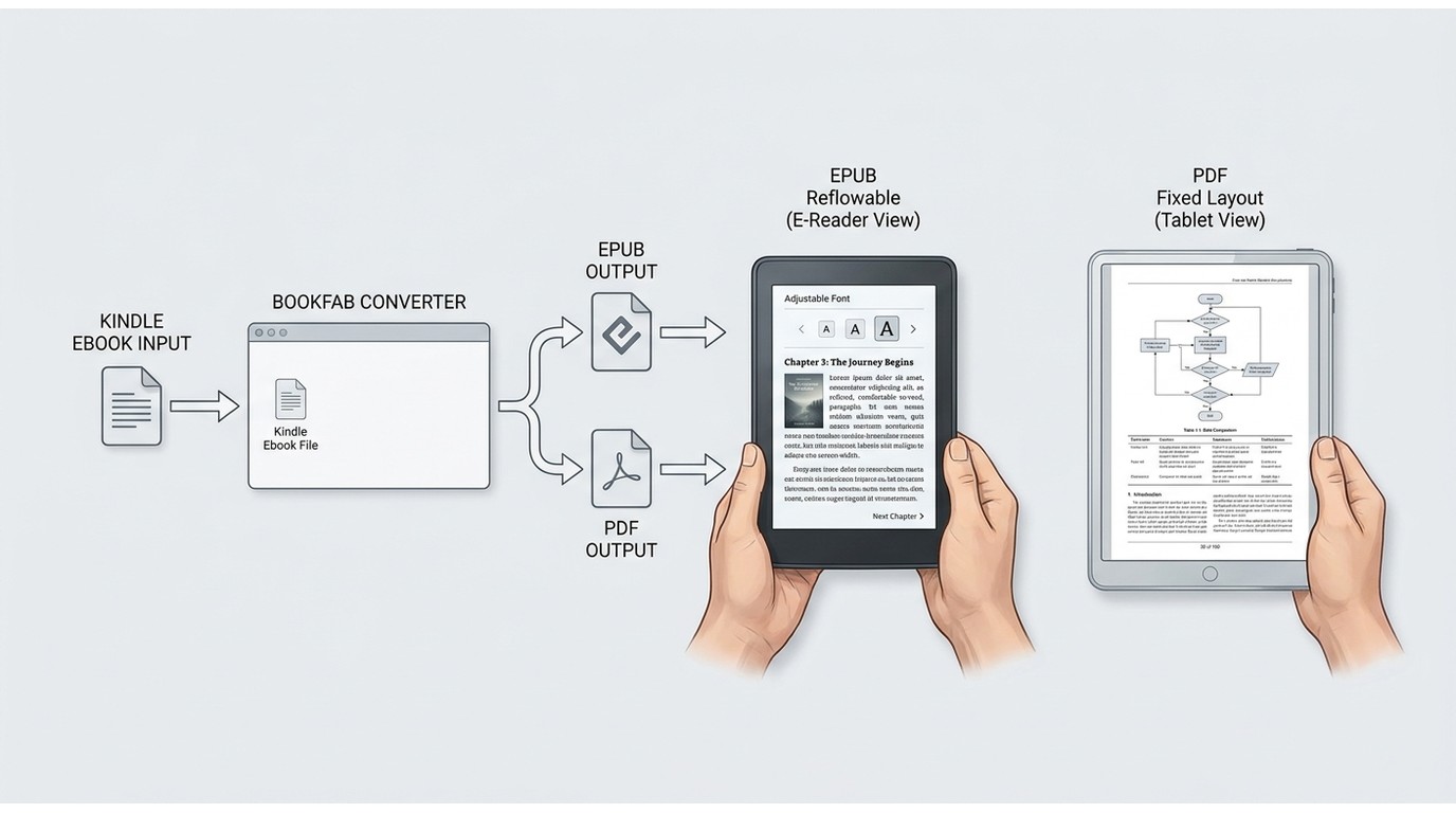 EPUB reflow and PDF fixed-page checks for BookFab Kindle conversions.