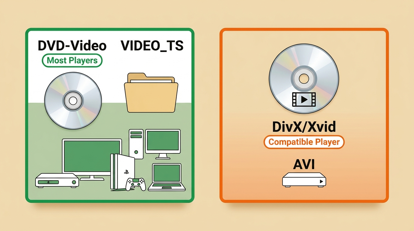 DVD-Video with VIDEO_TS works on regular players; DivX data discs need compatible hardware.