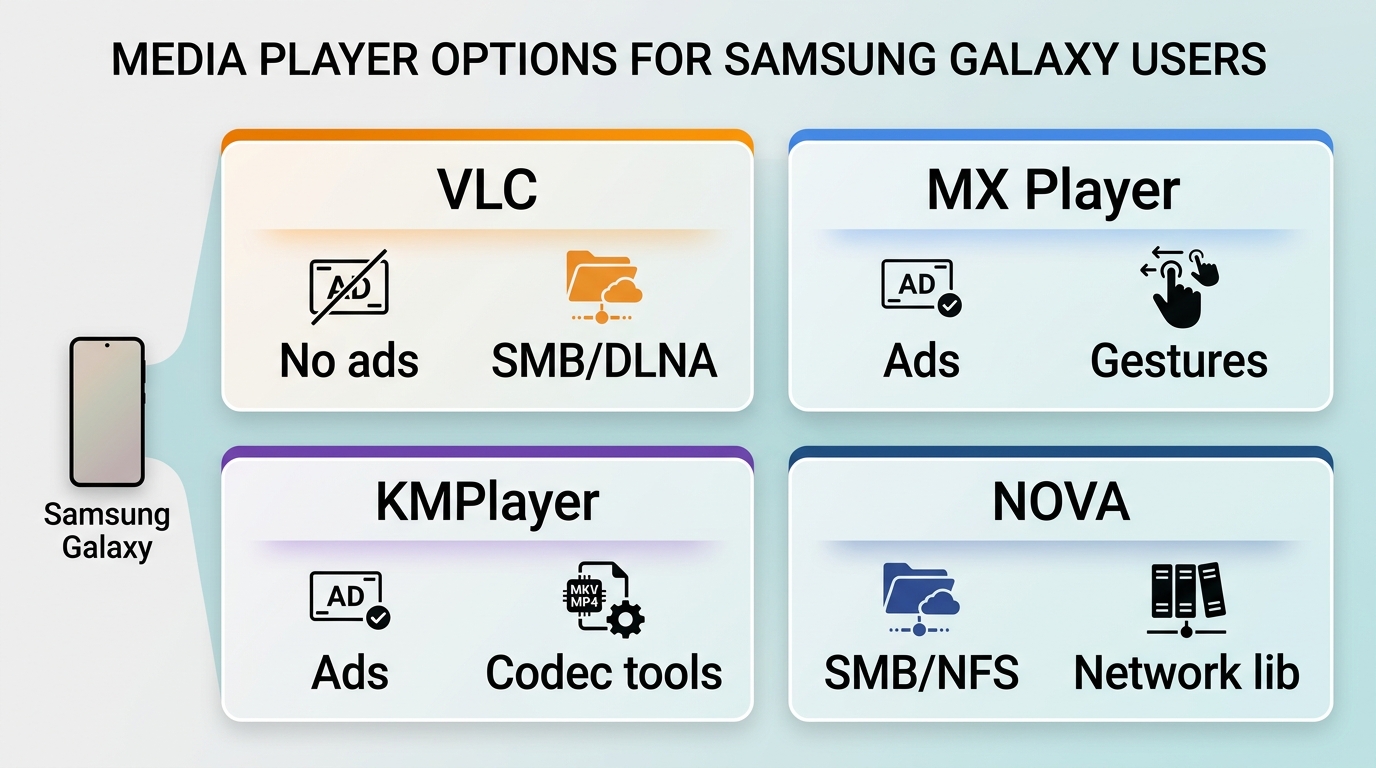 Comparison of VLC, MX Player, KMPlayer, and NOVA Video Player for Samsung Galaxy phones.